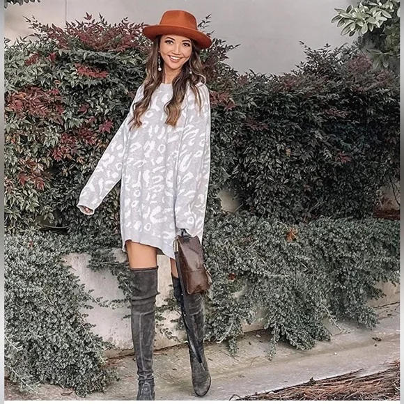 Amazon | Dresses | Leopard Print Long Sleeve Knitted Sweater Dress S |  Poshmark